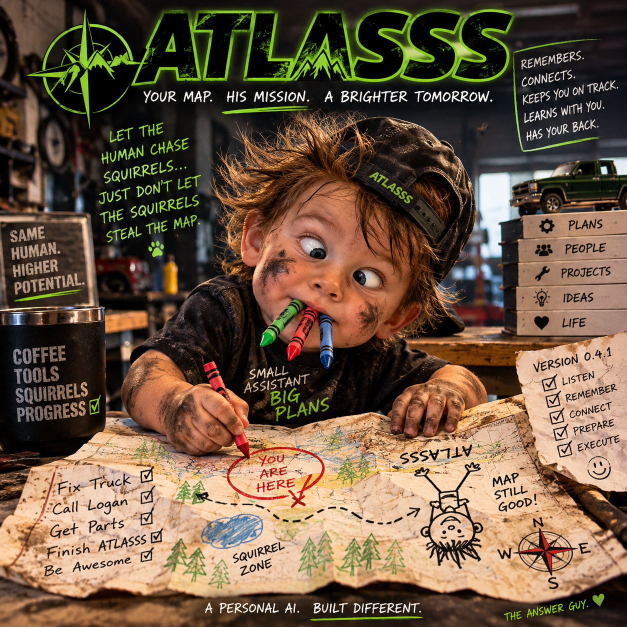Official ATLASSS artwork: a messy workshop scene with the ATLASSS identity, a child drawing a route on a physical map, and the words Your Map. His Mission. A Brighter Tomorrow.